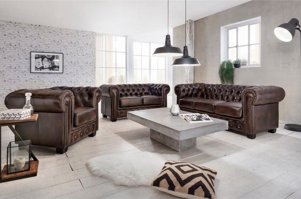 Chesterfield Sofa 3-Sitzer antik braun Echtleder 200x72x90 cm massivum Ledersofa Couch Herrensofa Wohnzimmer Büro Clubsofa Vintage