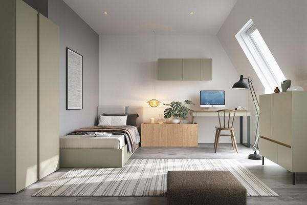 Deine Möbel 24 Jugendzimmer-Set LIBU A Kinderzimmer-Set Kindermöbel für Kinder Jugendliche, (Set, 5-tlg, inkl. Kleiderschrank Bett Wandregal Schreibtisch Kommode), LIBU-Kollektion Beige Eukalyptus Eiche 3+13+12+10+9