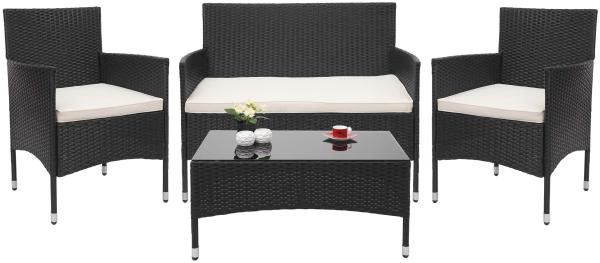 Poly-Rattan Garnitur HWC-F55, Balkon-/Garten-/Lounge-Set Sofa Sitzgruppe ~ schwarz, Kissen creme