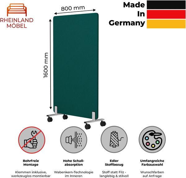 Rheinland Möbel FocusWall STWR0816 – Akustik-Stellwand 800×1600 mm in Stofffarbe Montserrat inkl. Rollen – Mobile Schreibtisch-Trennwand für Büro & Homeoffice – Schallschutz – Made in Germany Bild 2