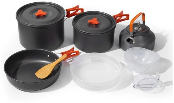 GLIESE Topf-Set Tragbares Camping-Kochgeschirr-Set, Aluminium (Set, 13-tlg, Topf/Kaffeekanne/Bratpfann/Esslöffel/Reisöffel/Plastikschüsseln), für Wanderungen, Camping oder Picknicks.