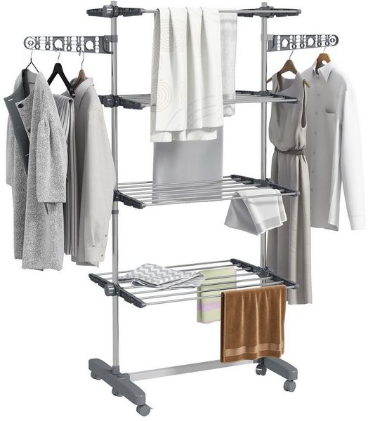 HOMCOM Wäscheständer Wäschetrockner Turm, Standtrockner mit Klappbarem Flügel, für Indoor, Outdoor, Stahl 142 x 55 x 172 cm, Grau