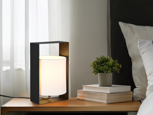 Moderne LED Tischlampe Metallrahmen Schwarz, Stoffschirm Weiß, Höhe 27cm