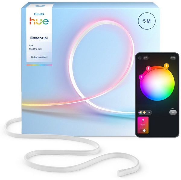 Philips Hue LED-Streifen Essential Flex Gradient LED-Streifen RGBIC farbfähig, lebendige Farben, flexible Innenbeleuchtung, komp. mit gängigen Smart-Home-Assistenten