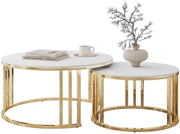 Lookway Couchtisch LIRA 2in1 mit goldfarbenem Gestell und Marmorplatte (2er-Set), Durchmesser: ⌀80 cm und ⌀60 cm