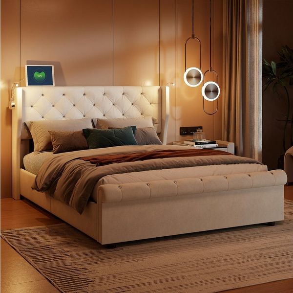 PXloue Polsterbett Doppelbett Stauraumbett 140x190 cm (Für Jugendliche geeignet), Mit 2 Leselampen und USB Anschlüsse,Lattenrost,140x190 cm