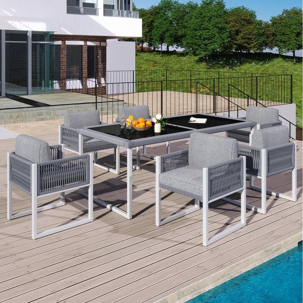 Merax Sitzgruppe aus Seil, (7-tlg, Gartenlounge Terrassenmöbel Gartengarnitur), 6-Sitzer Gartenmöbel-Set mit Sessel & Tisch mit gehärteter Glasplatte