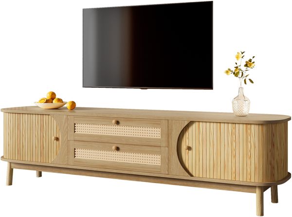 TV-Schrank – Natürlicher Holz-Blend TV-Schrank mit Türen und Schubladen. TV-Ständer mit Rattanseiten. Aufbewahrungslösung, Natürlicher Landhausstil