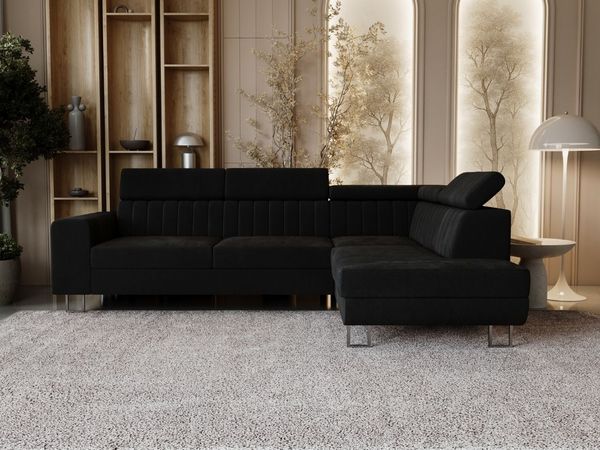 GRAINGOLD Ecksofa Berona, Couch L-Form mit Schlaffunktion, Bettkasten, Verstellbare Kopfstützen, Velour-Stoff, Schwarz, Rechts