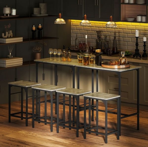 Bartisch-Set 80 x 50 x 87 cm mit 2 Hockern – Stahlrahmen in Grau