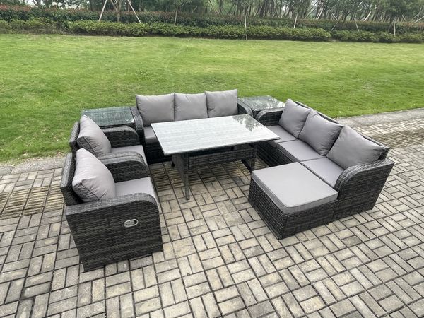 Fimous Terrassenmöbel Set Polyrattan Langer Rechteckiger Esstisch und Sofa set mit 2 Beistelltisch Großer Fußhocker Dunkelgrau gemischt