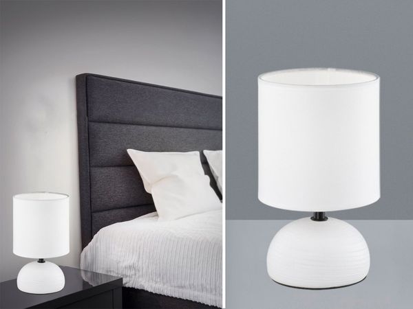 LED Tischleuchte Keramik Weiß runder Stofflampenschirm in Weiß, Höhe 23cm
