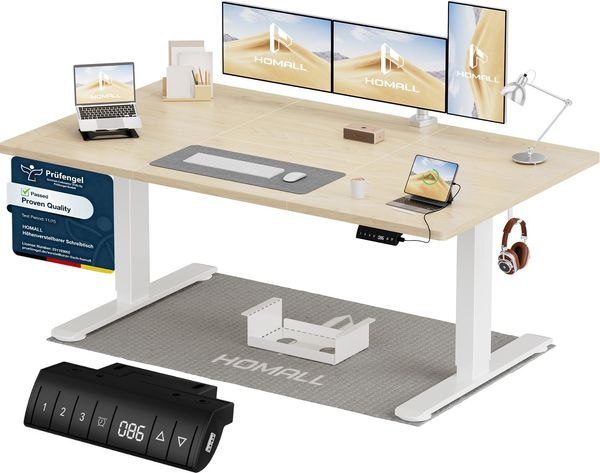 Homall Höhenverstellbarer Schreibtisch 140x70 cm mit USB-A Ladeanschluss, Elektrischer Schreibtisch mit Kabel Management Tray, Standing Desk mit 3 Memory Funktion, Computertisch Beige