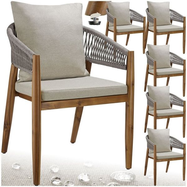 tectake Gartenstuhl Balkonstuhl, wetterfest, Belastbarkeit 120 kg, 59 x 58 x 76,5 cm (Terrassenstuhl Manacor für Außen in Akazienholz Grau/Beige, 6 St), wasserabweisende, abnehmbare Polyesterbezüge, höhenverstellbar