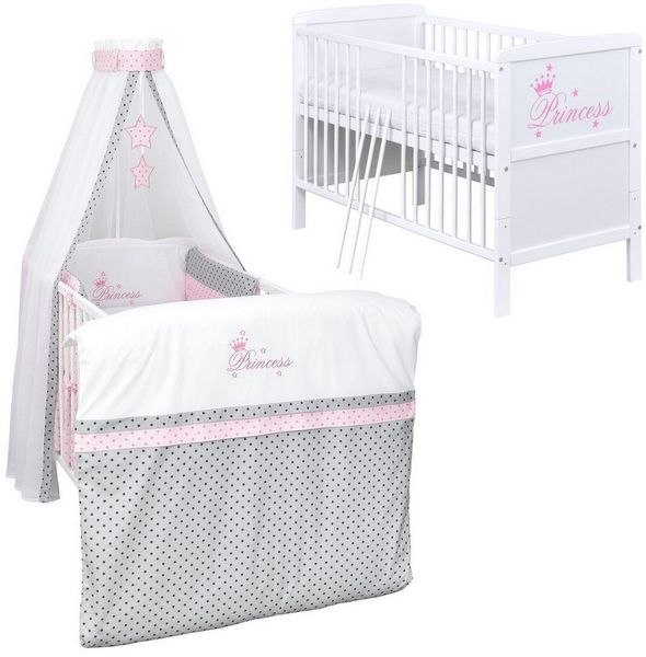 Baby-Delux Komplettbett Babybett Natalie Princess Komplettset, 10-tlg, Kinderbett 70x140 cm weiß, Bettset verschiedene Designs