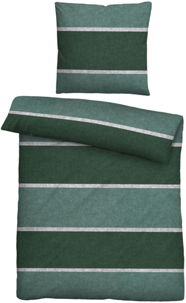biberna Melange-Flanell Bettwäsche 0840506 BLOCKSTREIFEN, dunkelgrün, 1x 155x200 cm + 1x 80x80 cm