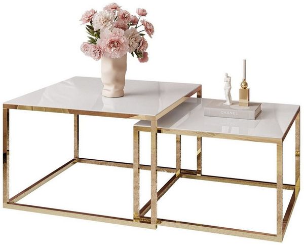 Lookway Couchtisch YOSHI GLASS 2in1 mit Goldenem Chromgestell (2er-Set), Breite: 70 cm und 60 cm