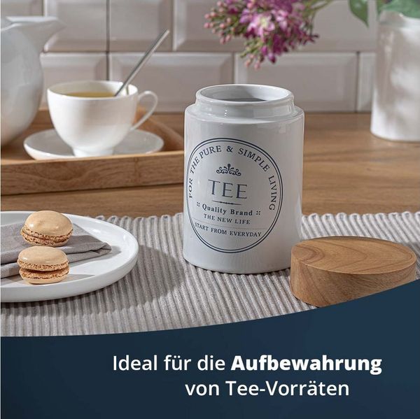 KHG Vorratsdose für Tee aus Steinzeug mit Akazienholz‑Deckel – im Landhausstil, Steingut, Aufbewahrungsdose für Tee – schützt Aroma da luftdicht verschließbar