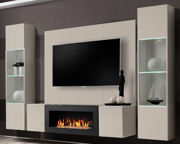Wohnwand Option in Kaschmir mit Kamin und LED 260 cm