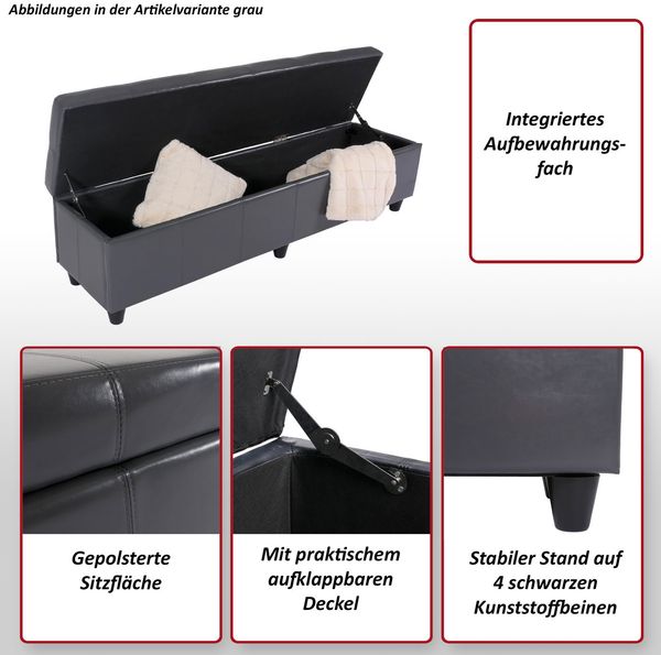 Bank Sitzbank mit Aufbewahrung Kriens XXL, Leder + Kunstleder, 180x45x45cm ~ weiß Bild 2