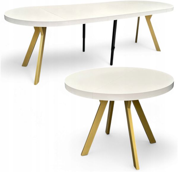 Runder Esstisch Weiß Halbmatt Ausziehbar Ø100/300 cm mit Goldenen Y-Metallbeinen