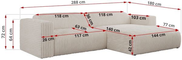 Ecksofa PASADENA, freistehendes Ecksofa, breite Armlehnen, Federsitz - links - Beige Cord Bild 8