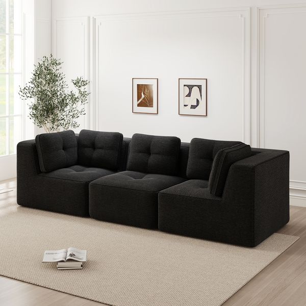 Flieks 3-Sitzer Modulares Sofa, Cloud Sofa Cord rahmenlos, Lounge Sofa bodennah, mit breiten Armlehnen, Schwarz