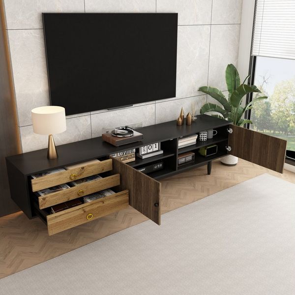 Merax Lowboard in Schwarz & Holzfarbe (180×38×50 cm, 1 St), TV-Schrank mit 3 Schubladen, Wellenmuster-Türen & Massivholzbeine