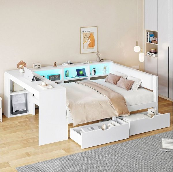 OKWISH Stauraumbett Funktionsbett,Einzelbett,Kinderbett,Jugendbett,mit Stauraum (Holz-Plattformbett mit LED-Beleuchtung, Schubladen, Ladestation und gepolstertem Kopfteil – Viel Stauraum und modernes Design, 140x200), mit Ablageflächen, Schubladen,Mit ...