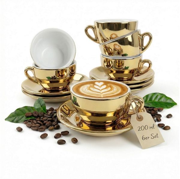 MUVELL Cappuccinotasse 6er Cappuccino-Set "FLORENZ" Tasse 200ml + Untertasse, gold, 6-tlg, Keramik, 200 ml robust