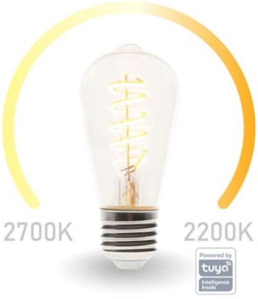 E27 LED WIFI, 6,5 Watt 555 Lumen, 2200-2700 Kelvin, Ø6,4cm, per App steuerbar