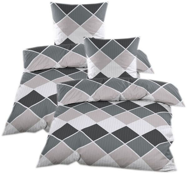 Casa Colori Bettwäsche Seersucker Bettwäsche 135x200 Reißverschluss Grau Beige Karomuster, Seersucker, 4 teilig, leicht