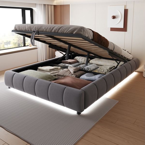 Merax Polsterbett (Doppelbett mit Metallrahmen und Samtstoff, 1-tlg), Hydraulisches Stauraumbett 140x200cm mit LED-Lichtleiste,ohne Kopfteil