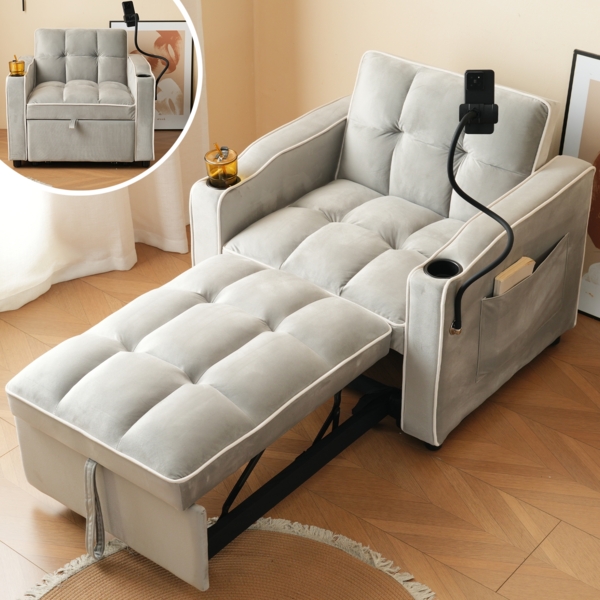 Ausziehbares 3-in-1-Schlafsofa mit Getränkehalter und Handyhalterung – Samtstoff, Antikgrauweiß, platzsparendes Design