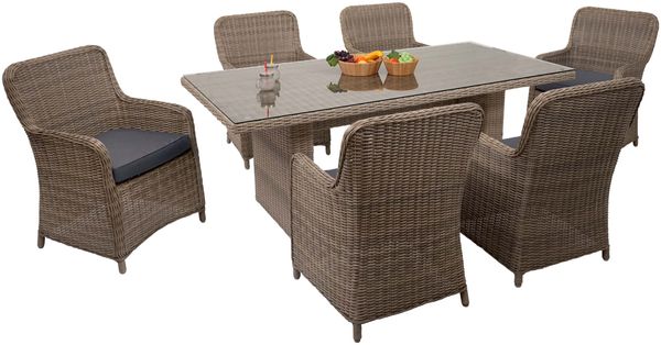 Poly-Rattan Garnitur HWC-E98, Sitzgruppe Balkon-/Garten-/Lounge-Set, Spun Poly halbrundes Rattan MVG beige Kissen grau