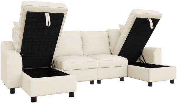 Merax 280cm Chenille U-Form Sofa, 2-Sitzer mit zwei Chaiselongues als Ecksofa, mit zwei Kissen, Chaiselongues mit aufklappbarem Stauraum, multifunktionales modulares Sofa, Beige Bild 9