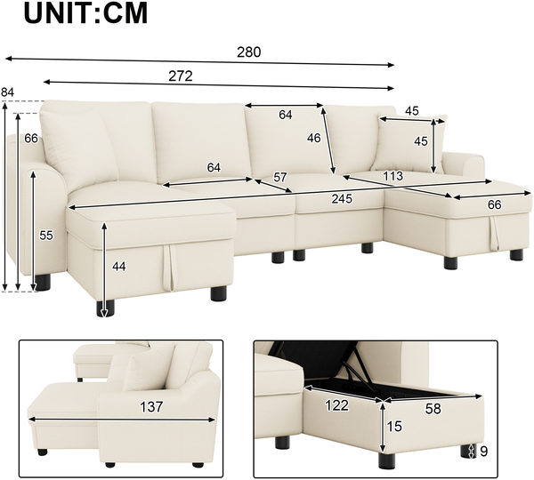 Merax 280cm Chenille U-Form Sofa, 2-Sitzer mit zwei Chaiselongues als Ecksofa, mit zwei Kissen, Chaiselongues mit aufklappbarem Stauraum, multifunktionales modulares Sofa, Beige Bild 4