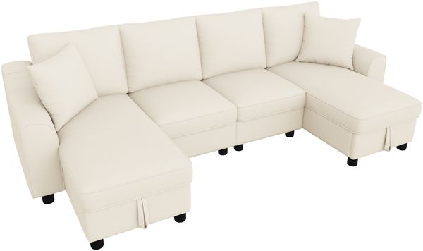 Merax 280cm Chenille U-Form Sofa, 2-Sitzer mit zwei Chaiselongues als Ecksofa, mit zwei Kissen, Chaiselongues mit aufklappbarem Stauraum, multifunktionales modulares Sofa, Beige Bild 10