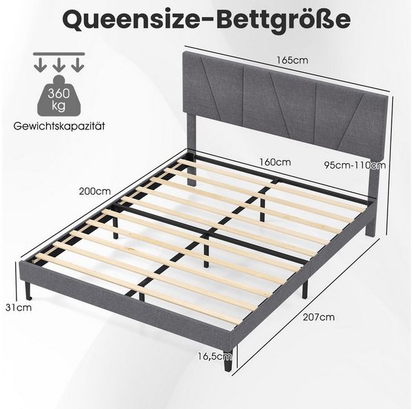 COSTWAY Polsterbett (1-tlg), Bettrahmen, Bettgestell, mit höhenverstellbarem Kopfteil