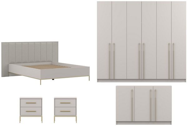Deine Möbel 24 Komplettschlafzimmer E MIRELO, Möbel-Set Schlafzimmer - Set MIRELO-Kollektion, (Set, 5-tlg, in Kaschmir, mit goldfarbenen Griffen und Füßen), Bett, Kleiderschrank 4-türig / 6-türig, Kommode & 2 Nachttischen