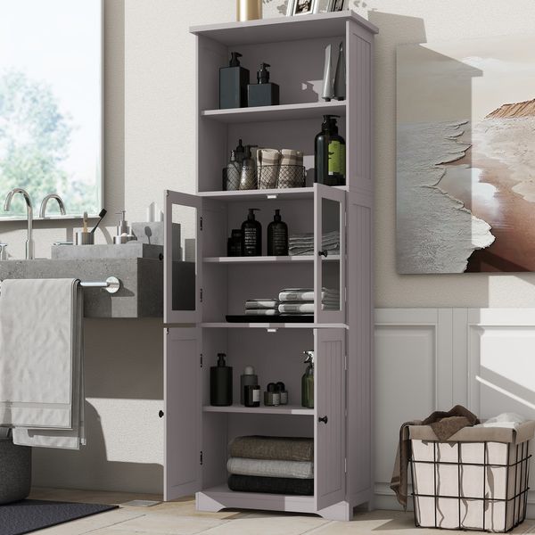 Badezimmer-Hochschrank mit Glastüren – 160cm Badschrank mit offenen Fächern,grau lackiert, verstellbare Regalböden