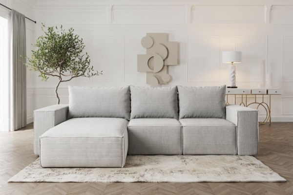 Ecksofa Sofa mit Schlaffunktion ESTELLE in Stoff Poso Hellgrau Ottomane Links