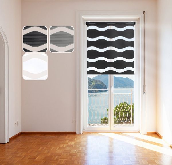 Doppelrollo Klemmfix "Wave", Schwarz 50x150 cm Duo-Rollo ohne Bohren, DomDeco, Klemm- oder Schraubmontage, Klemmbar, Kettenzug, ohne Bohren, Sicht- und Blendschutz