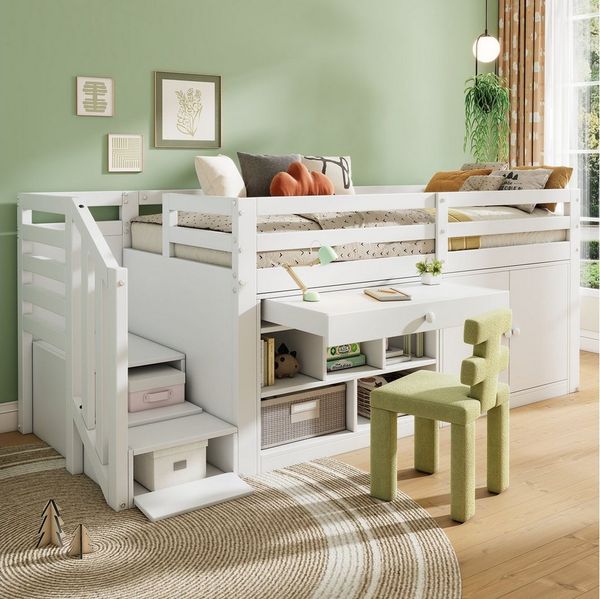 Odikalo Kinderbett Hochbett Stauraum Schubladen Schreibtisch ohne Matratze 90*200cm weiß