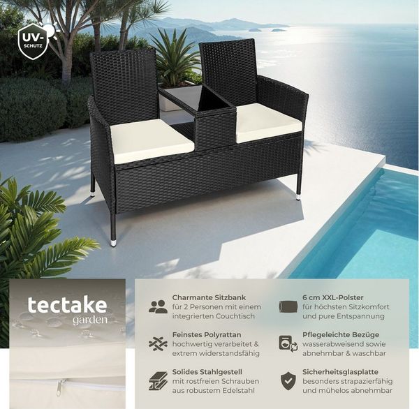 tectake 404557 Poly Rattan Gartenbank mit Tisch, 2-Sitzer Bank, 131 x 61 x 82 cm, Sitzbank für Garten Balkon und Terrasse, Gartensitzbank inkl. Sitzkissen, schwarz-beige
