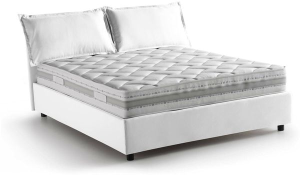 Dmora Doppelbett Amelinda, Bettkasten mit Stoffbezug, 100 % Made in Italy, Öffnung vorne, inklusive Matratze 160 x 190 cm, Weiß