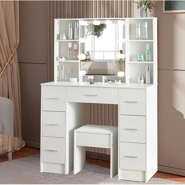 Schminktisch mit Beleuchtung und Spiegel Hocker Kosmetiktisch 6 Schubladen 6