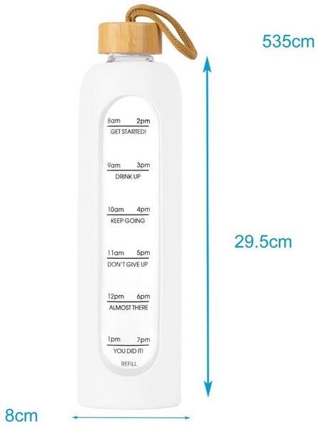 Intirilife Trinkflasche, Motivations Wasser Trinkflasche aus Glas mit Zeitmarkierung bis 900 ml