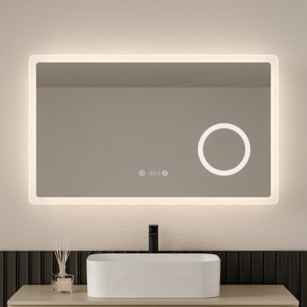 EMKE LED Badspiegel 100x60cm Uhr 3 Lichtfarben Dimmbar 3-fache Vergrößerung