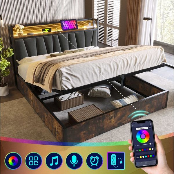 BlingBin Polsterbett Metallbett Lattenrost aus Holz (Doppelbett mit aufladen USB Ladefunktion Kopfteil), LED App-Control, LED-Beleuchtung